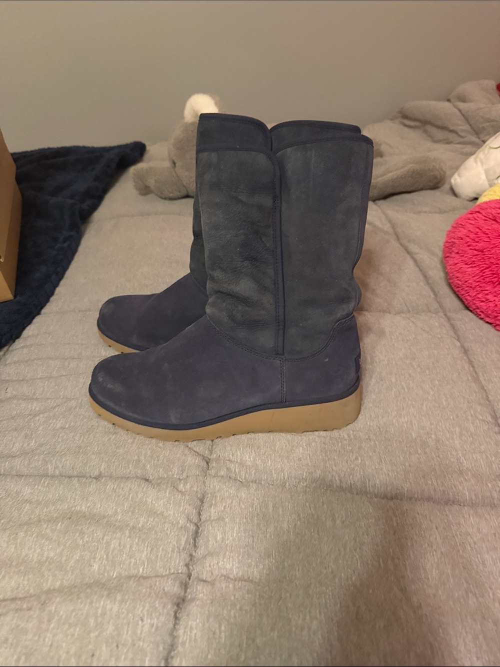UGG Navy Suede Mid-Calf Wedge Boots